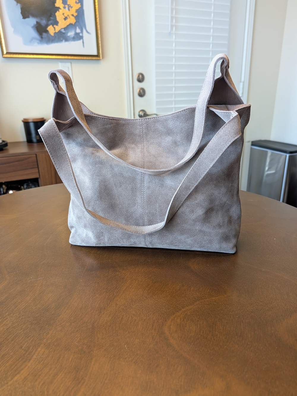 Suede Shoulder Tote Bag in Taupe Gray